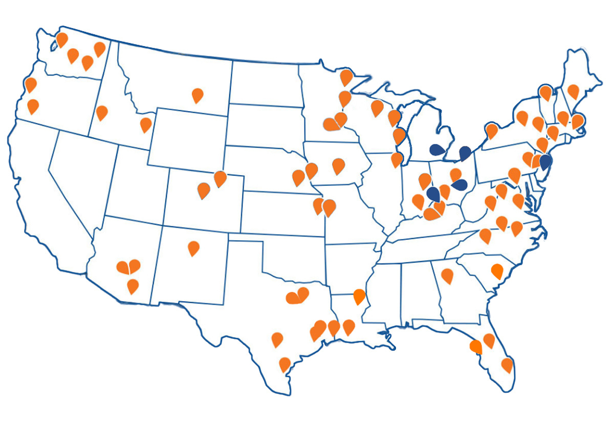 map of NEFCO locations with Unistrut Midwest locations shown in dark blue